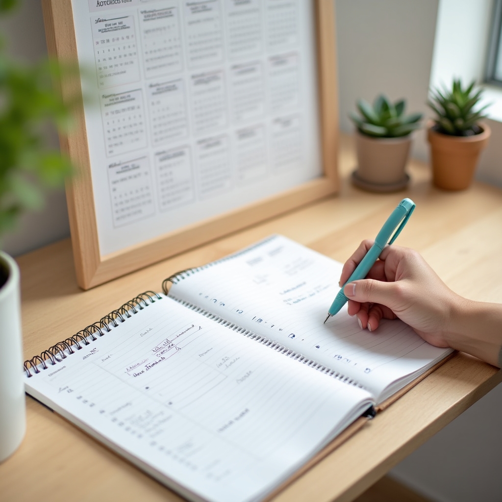 Close-up of a weekly planner and calendar used to organize recurring cleaning visits