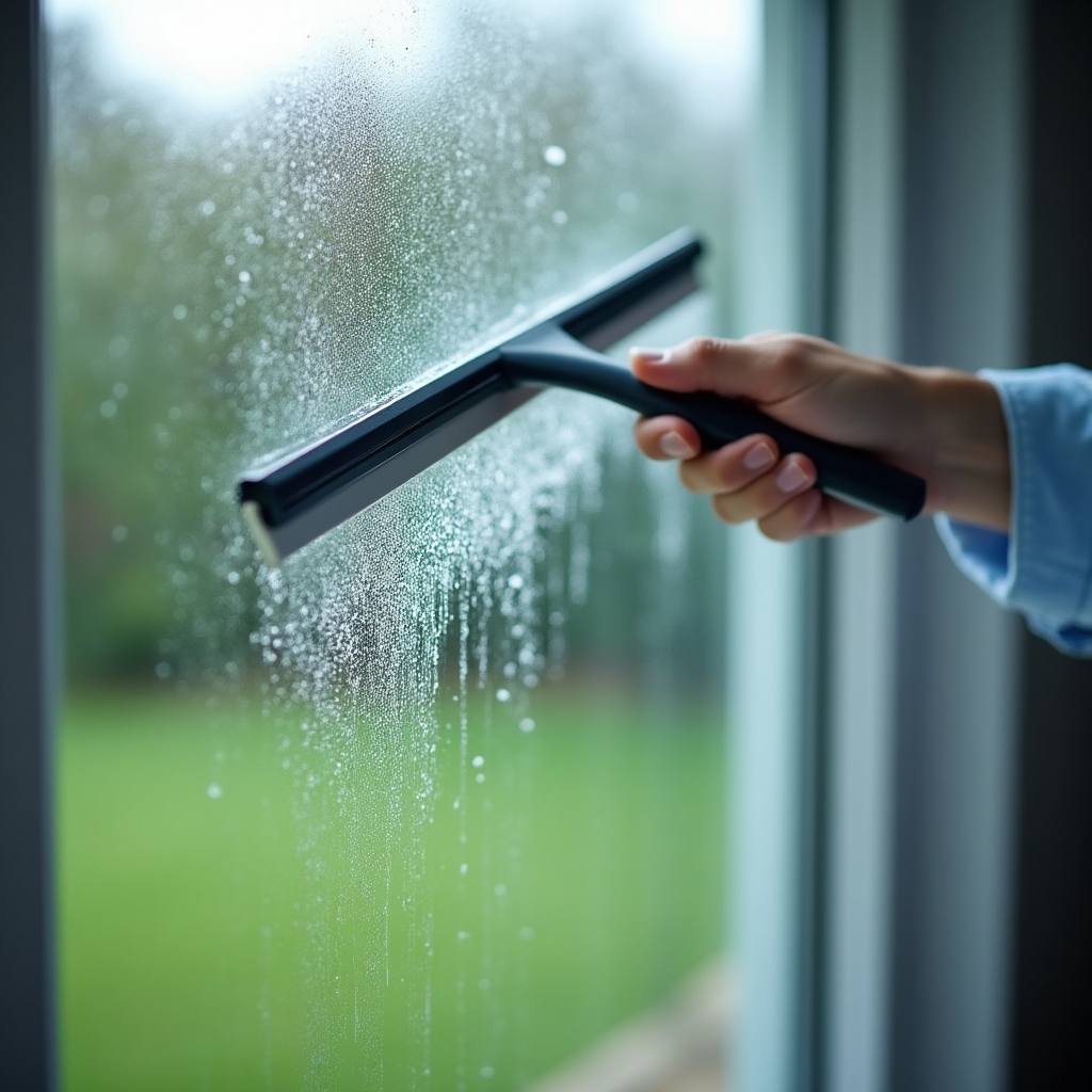 Close-up of a window being cleaned with a squeegee in natural light